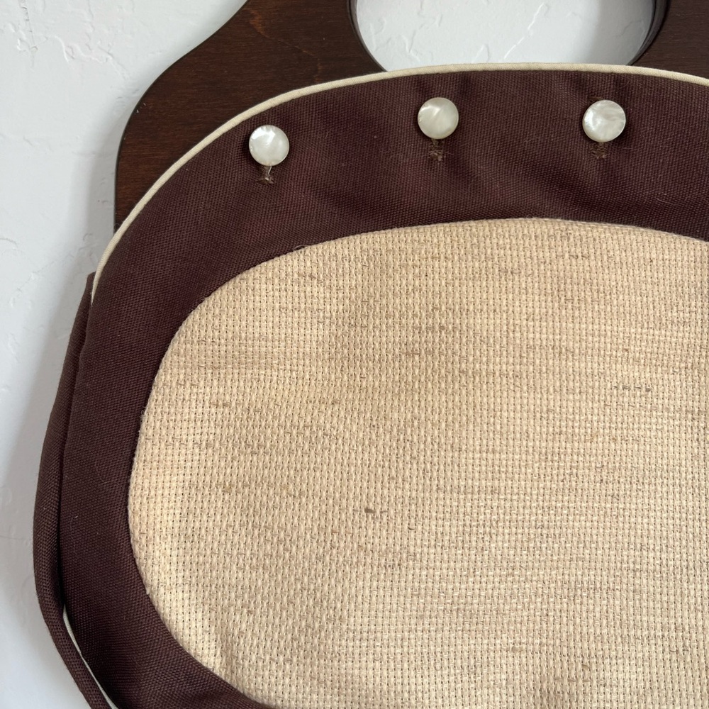 Brown and Cream Women's Tote Bag with Wooden Handles - Picture 7 of 9